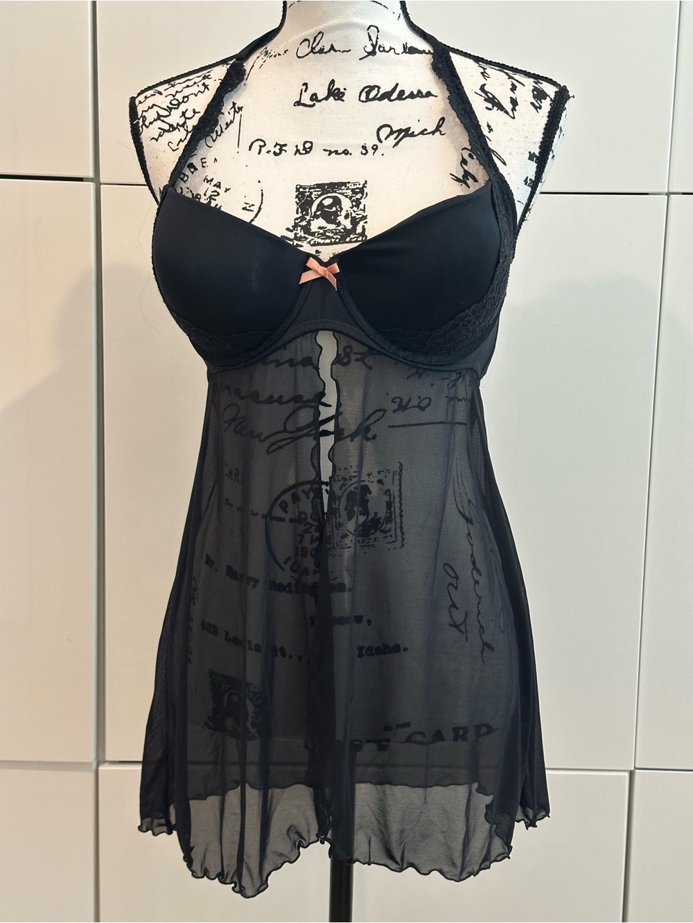 Gilligan & O'Malley Black Sheer Babydoll Chemise with Pink Bow